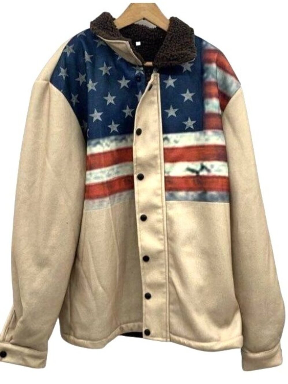 American Flag Patriotic Sherpa-Lined Jacket With Snap Front Size M